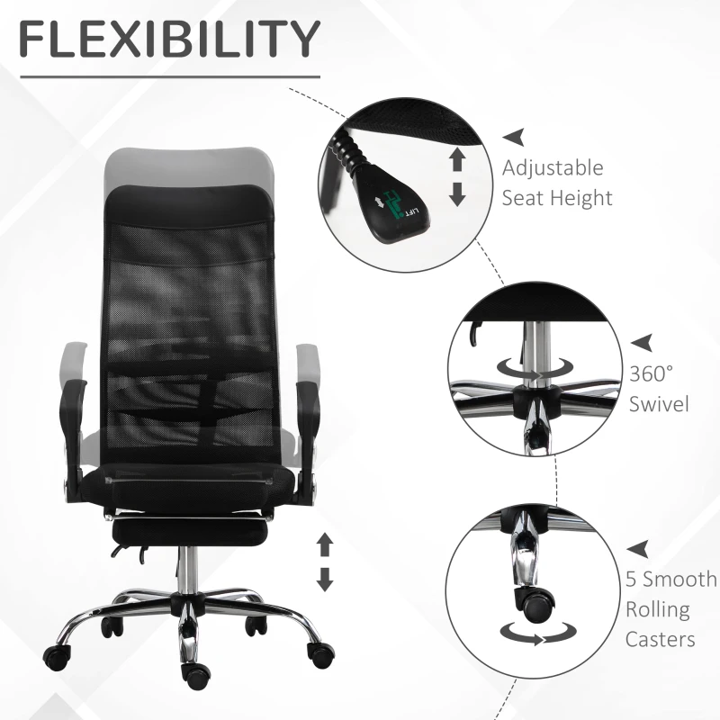 Vinsetto Office Chair High Back Mesh Executive Computer Desk Napping Seat, Height Adjustable, Swivel with Footrest and Lumbar Support