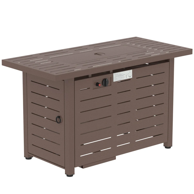Outsunny 42 Inch Outdoor Propane Gas Fire Pit Table, 50,000 BTU Auto-Ignition Rectangular Gas Firepit with Slat Tabletop, Lid, Lava Rocks, Rain Cover, CSA Certification, Brown