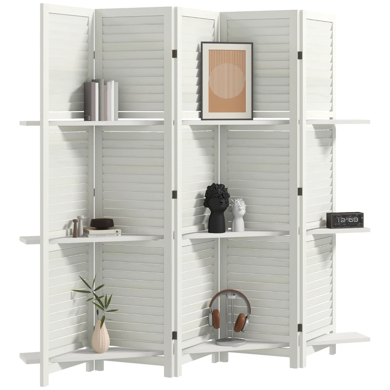 HOMCOM 5 Panel 67" Tall Wood Privacy Screen Room Divider with 3 Shelves and Folding Storage for Bedroom, White
