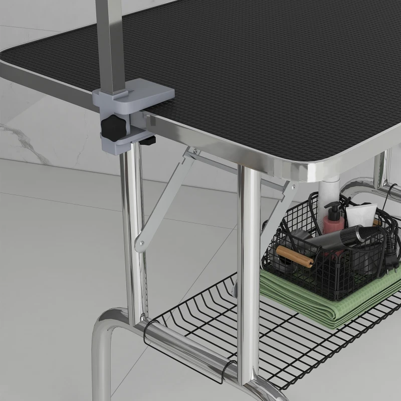 PawHut Foldable Grooming Table for Dogs with Height Adjustable Grooming Arm, Storage Shelf, Black