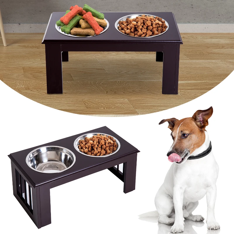 PawHut 10" Height Dog Feeding Station for Messy Pets, Stainless Steel Elevated Dog Bowls with Modern Wooden Frame, Dog Food Stand Pet Feeding Station, Dark Brown