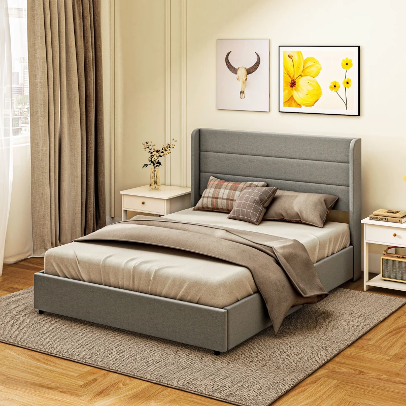 HOMCOM Full Bed Frame with Storage Drawers, Full Size Bed Base with Headboard, Wood Slats, Noise-Free, Light Gray