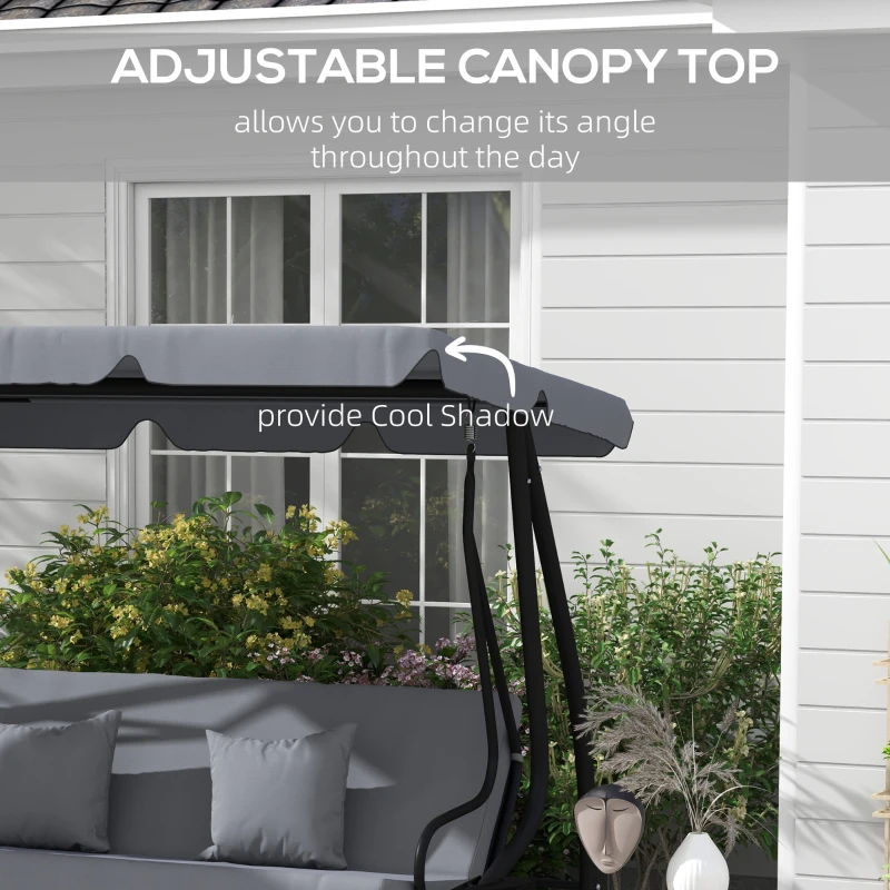 Outsunny Free Standing Swing Bench, Porch Swing with Stand, Adjustable Canopy, Cushion and Pillows, Dark Gray