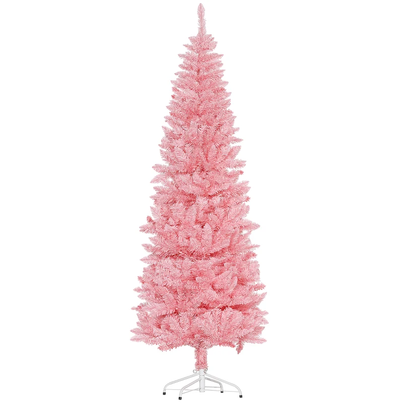 HOMCOM 7ft Tall Pencil Artificial Christmas Tree with 687 Branch Tips with Steel Base, Pink