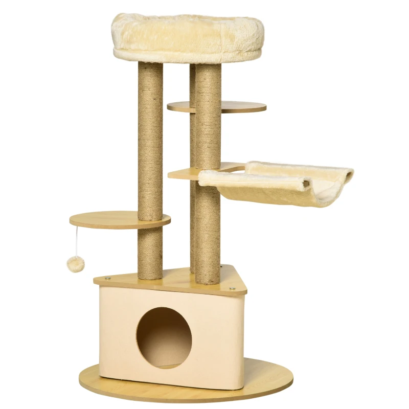 PawHut Cat Tree Tower Multi-Level Kitten House with Scratching Post Condo Hammock Bed Ball Toy - 23.5 x 23.5 x 39 Inches, Yellow