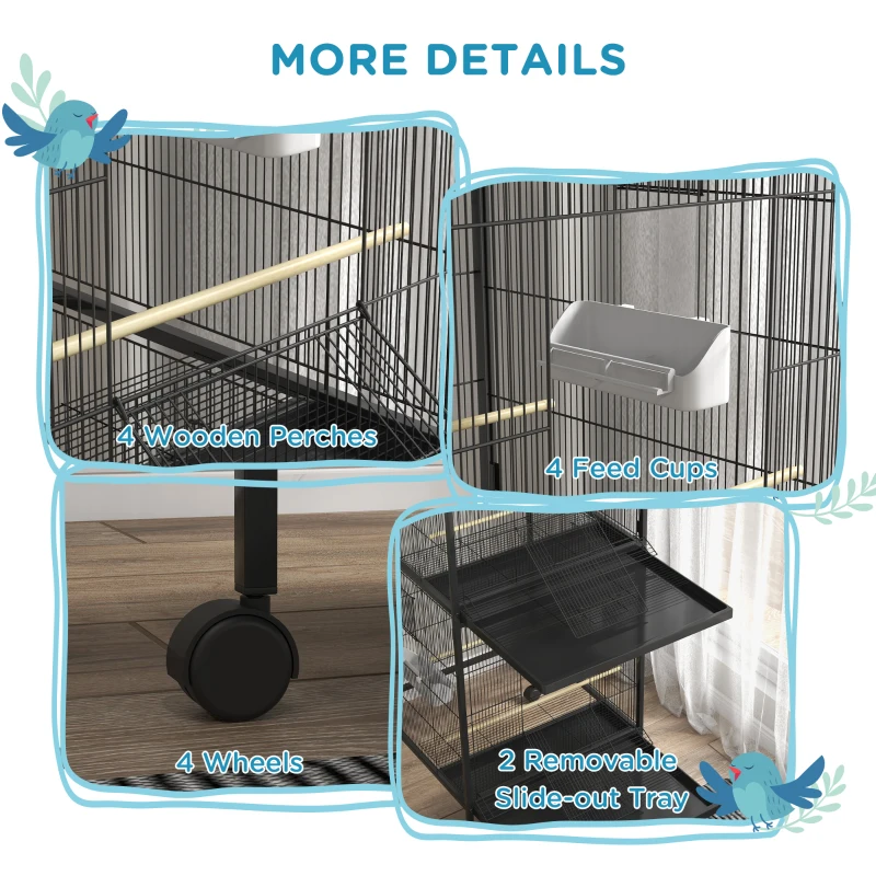 PawHut Wrought Metal Bird Cage Feeder with Rolling Stand Perches Food Containers Doors Wheels 67" H, Black