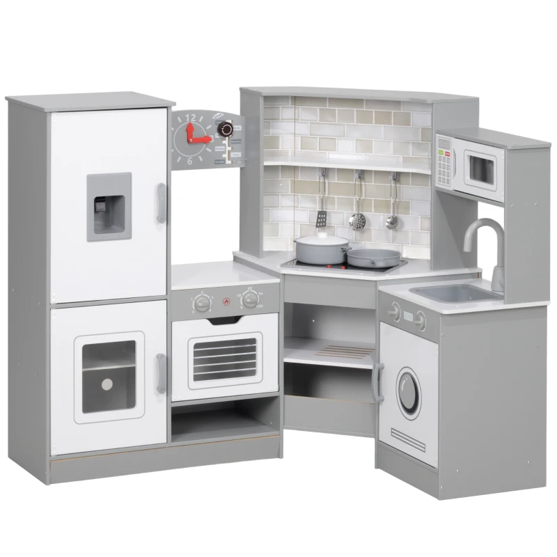 Qaba Corner Play Kitchen, Pretend Play Kitchen Set with Lights & Sounds, Stove Ice Maker Microwave Oven