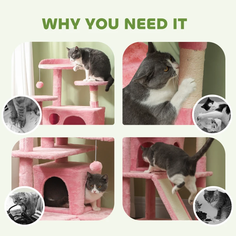 PawHut 54" Cat Tree, Multi-Level Cat Tower with Scratching Posts, Cat Condos, Bed, Platforms, Ramp, Toy Ball, Pink