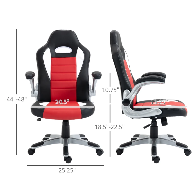 HOMCOM Racing Gaming Chair PU Leather Office Chair Executive Computer Desk Chair with Adjustable Height, Flip Up Armrest, Swivel Wheels, Red