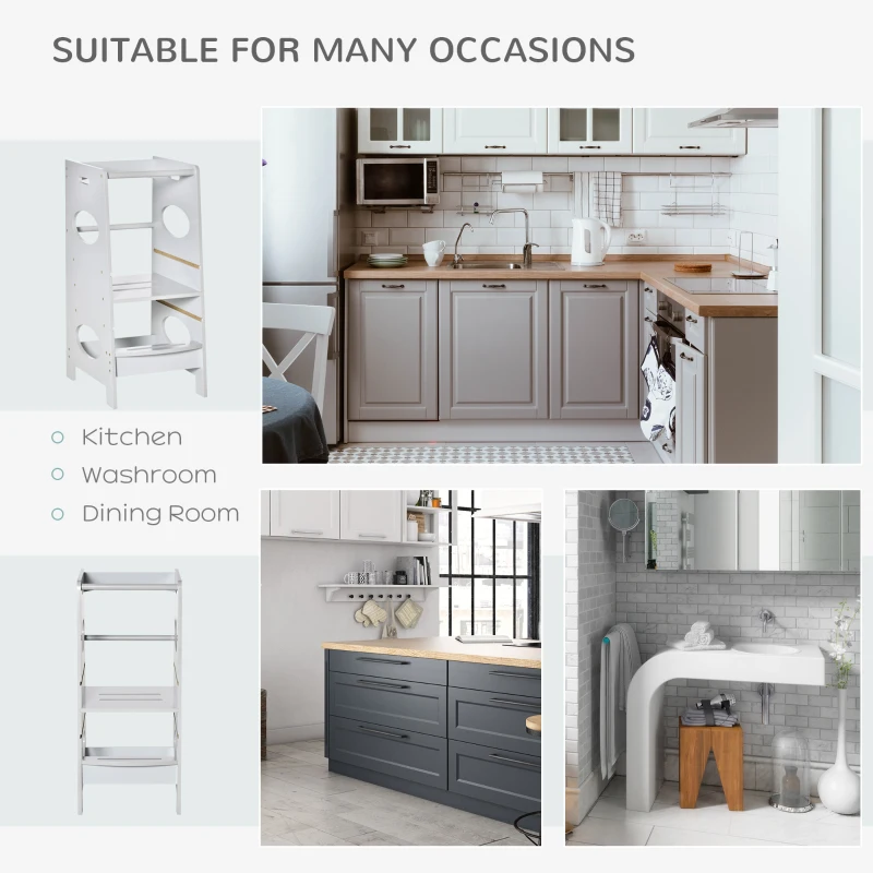 HOMCOM Toddler Tower Kitchen Helper with 3-Level Adjustable Height, Heavy-Duty Kids Step Stool with Safety Rail, Grey