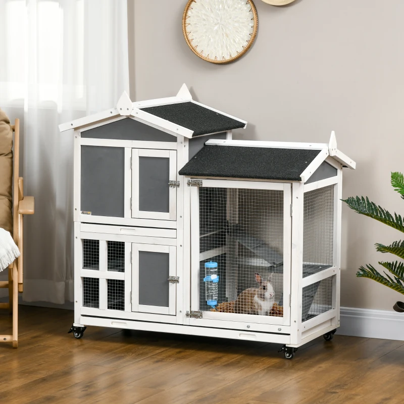 PawHut 43" Indoor Rabbit Hutch with an Extra Hideout, 2-Story Bunny Rabbit Cage Playpen Cottage with Space-Saving Design, Bunny Hutch with Removable Tray, Gray