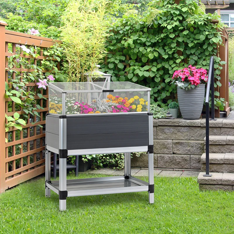 Outsunny Raised Garden Bed with Cold Frame Greenhouse and Storage Shelf, Aluminum & PVC Elevated Planter Box for Herbs and Vegetables, Use for Patio, Backyard, Balcony