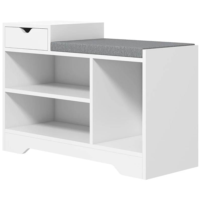 HOMCOM Upholstered Shoe Storage Bench, Hallway Shoe Storage with Seat, Drawer, 3 Open Shelves for Entryway, White