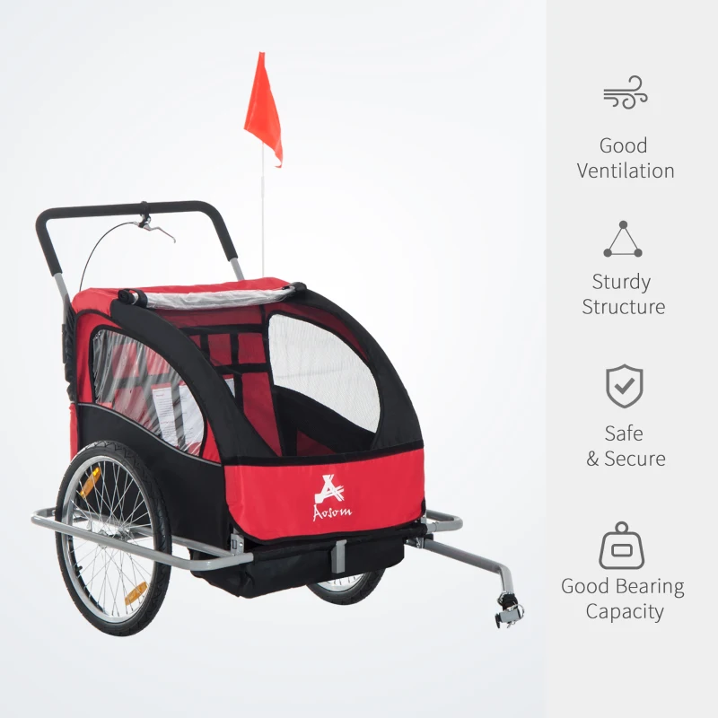Aosom Child Bike Trailer Kid Bicycle Trailer with Adjustable Handlebar 2-Seater Red