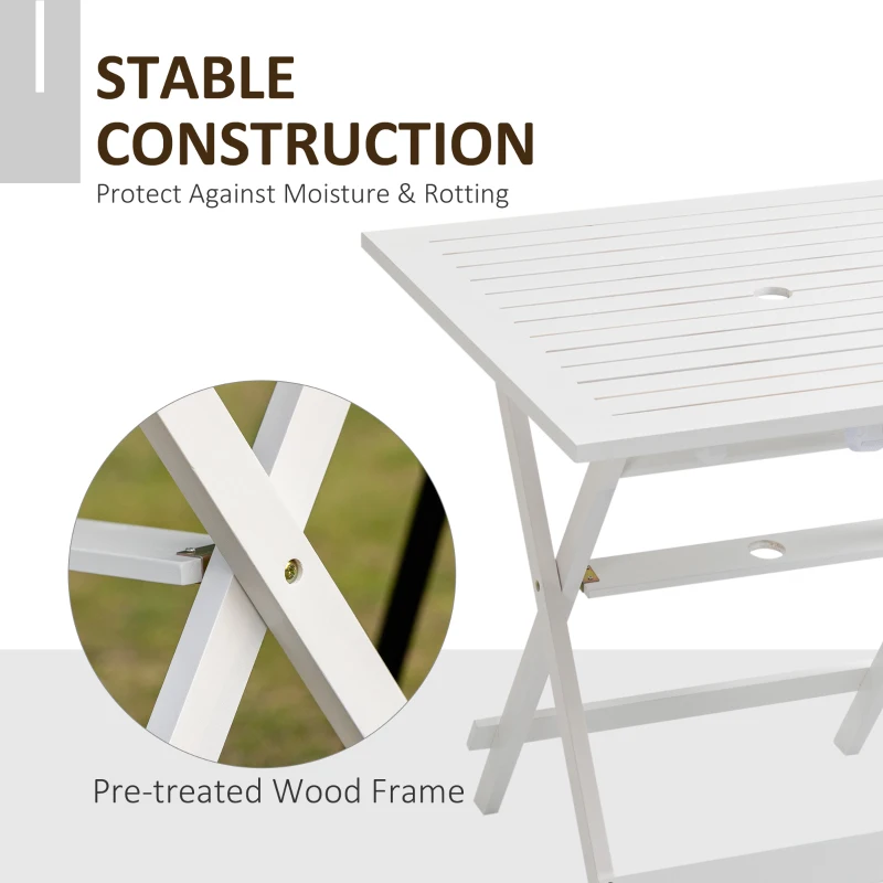 Outsunny Foldable Dining Table, Square Wood Side Table, Portable Bistro Table with Umbrella Hole for Outdoor Patio, Garden or Backyard, White
