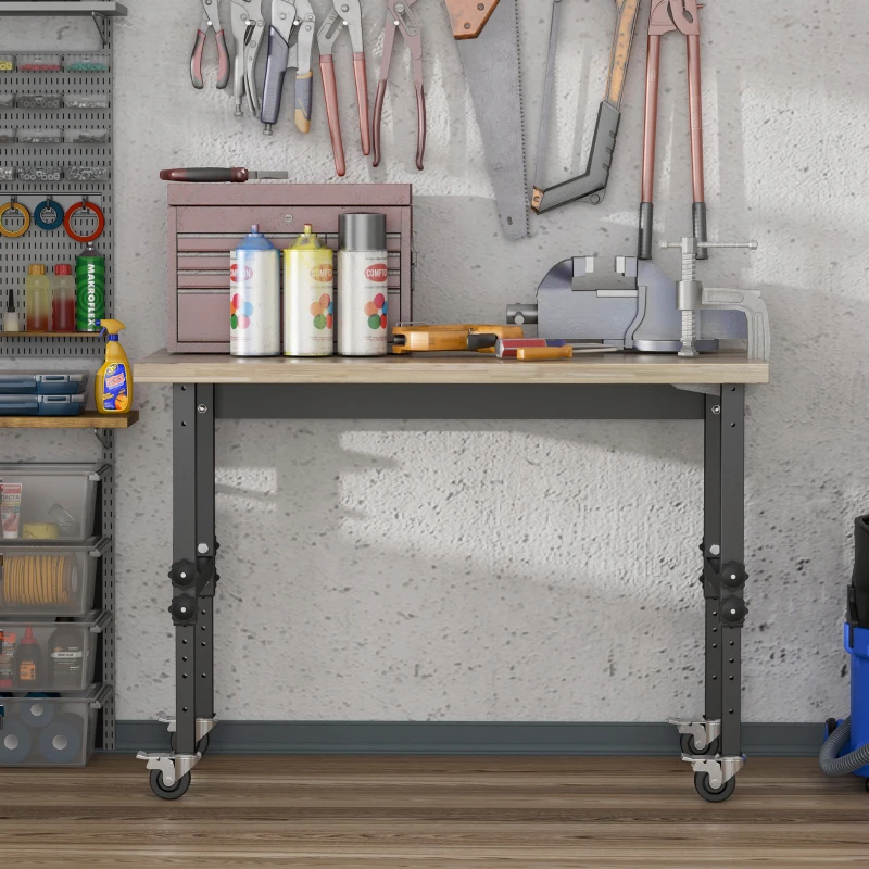 HOMCOM 47.25" Work Bench with Height Adjustable Legs, Bamboo Tabletop Workstation Tool Table on Wheels for Garage, Weight Capacity 1320 Lbs, Black/Natural