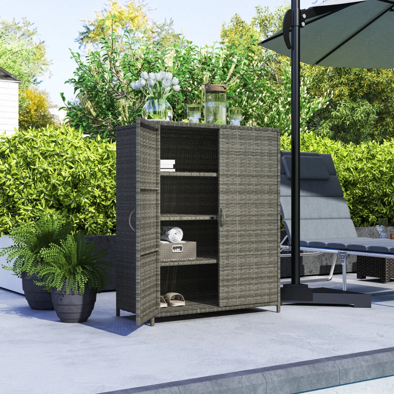 Outsunny Rattan Wicker Outdoor Storage Cabinet with 4 Shelves and 2 Doors for Garden Pool Towel Storage, Mixed Gray