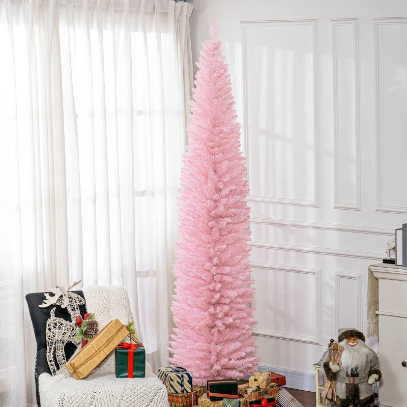 HOMCOM 8ft Unlit Pencil Artificial Christmas Tree with Realistic Branches and 618 Tips, Plastic Base, Pink