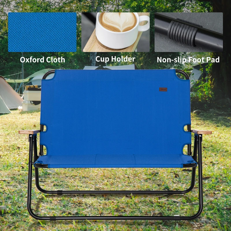 Outsunny Double Folding Camping Chair, Loveseat for 2 Adults, Portable Camping Couch with Wood Armrest & Cupholders, for Backpacking, Beach, Sports Travel, Blue