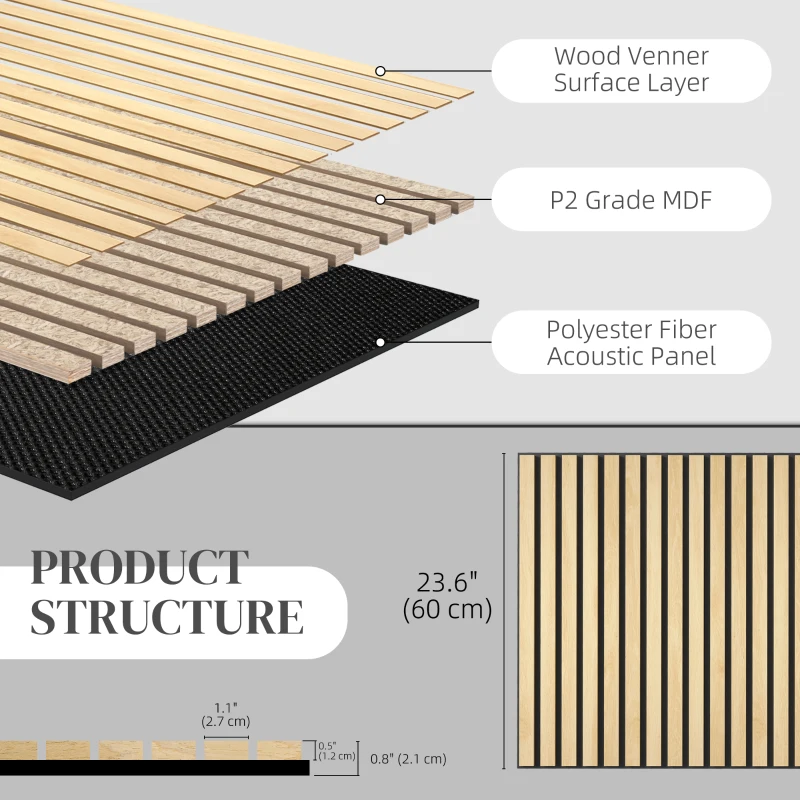 HOMCOM 24"x24" Wood Panels for Wall, 4 Pack Acoustic Panels, Sound Absorbing Slat Wall For Interior Wall Decor, Home, Oak