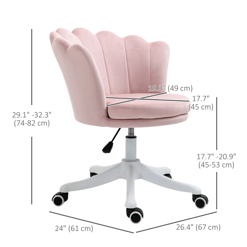 HOMCOM Adjustable Height Study Chair, Mid Back Velvet Office Chair with Swivel Wheels for Living Room, Study, Pink