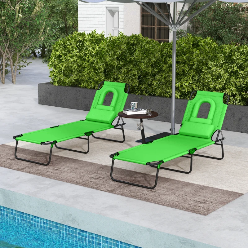 Outsunny 2PCS Adjustable Outdoor Lounge Chair, Garden Folding Chaise Lounge with Face Hole Reclining Tanning Chair Seat, Folding Camping Beach Lounging Bed w/ Head Support Green