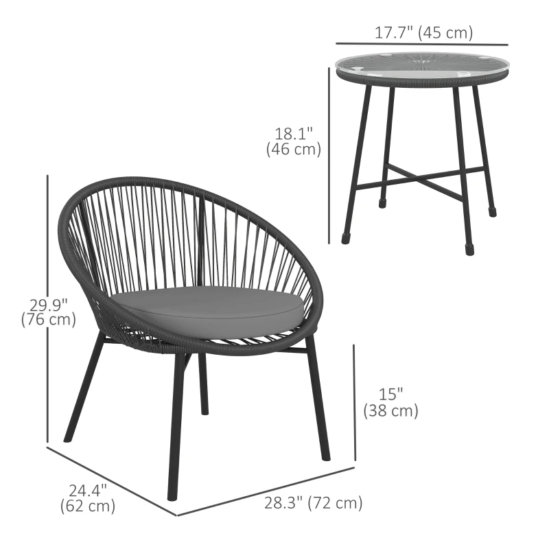 Outsunny 3 Piece Wicker Patio Furniture Set with Soft Seat Cushions, Tempered Glass Tabletop, Bistro Set for Garden, Black