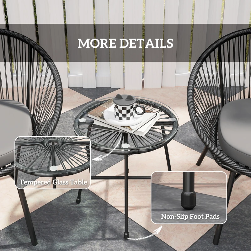 Outsunny 3 Piece Wicker Patio Furniture Set with Soft Seat Cushions, Tempered Glass Tabletop, Bistro Set for Garden, Black