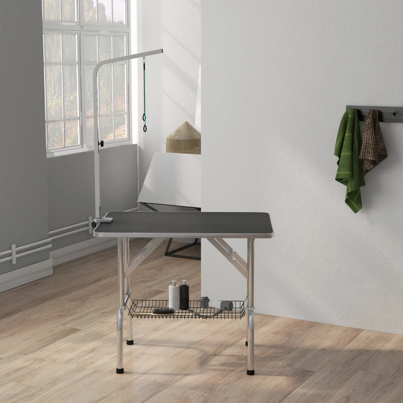 PawHut Foldable Grooming Table for Dogs with Height Adjustable Grooming Arm, Storage Shelf, Black