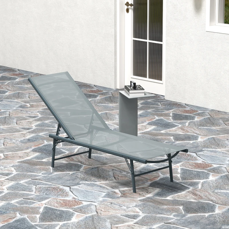 Outsunny Folding Outdoor Lounge Chair, Reclining Chaise Lounge Tanning Chair w/ Adjustable Back, Mesh Seat, Light Grey