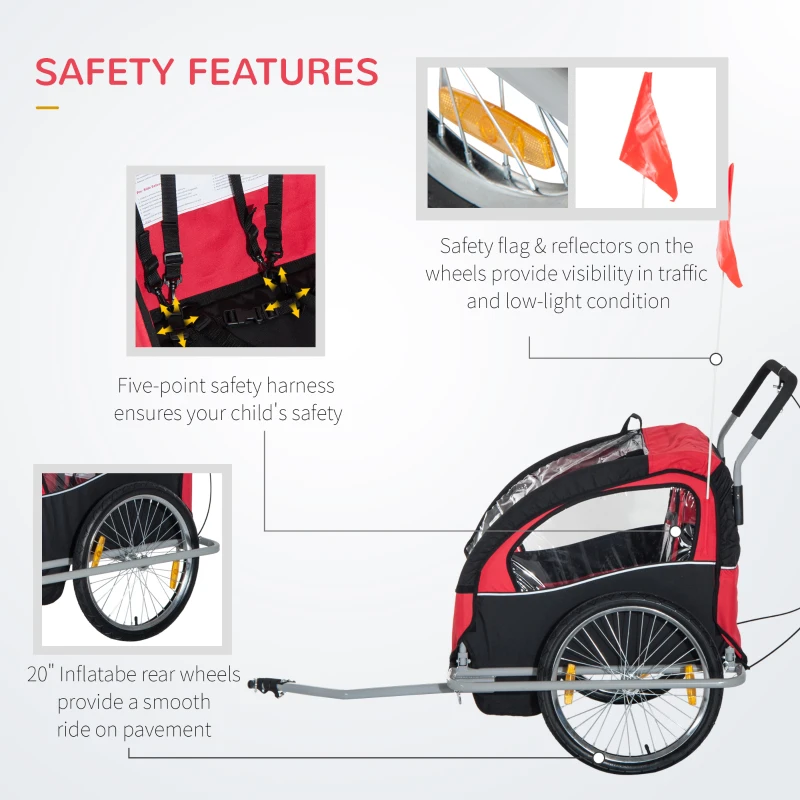 Aosom Child Bike Trailer Kid Bicycle Trailer with Adjustable Handlebar 2-Seater Red