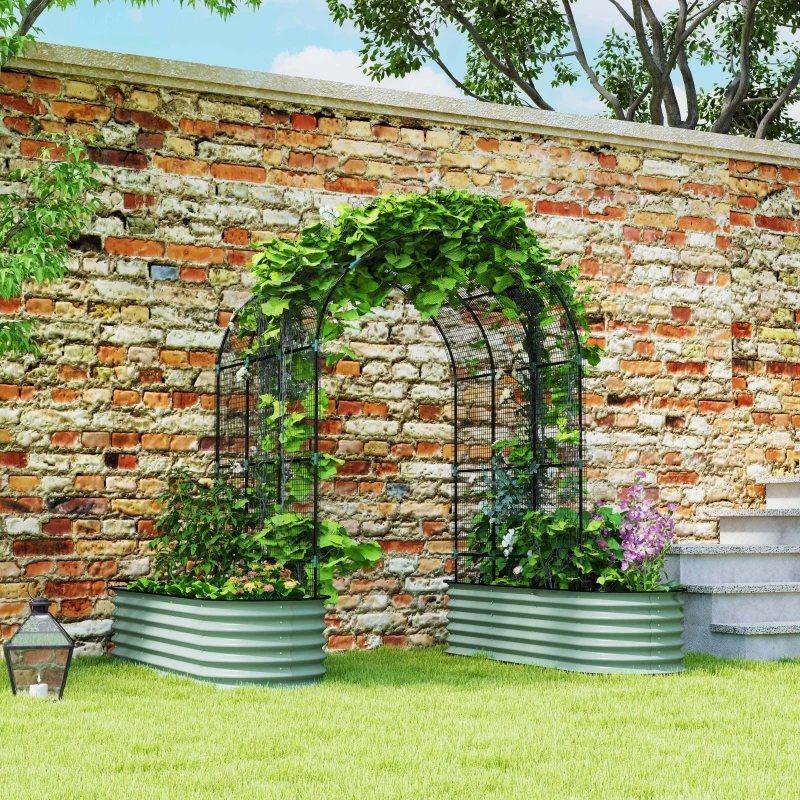 Outsunny Raised Garden Beds Set with Arch Trellis, Climbing Net, Galvanized Planter Box for Climbing Vegetables Flowers Herbs