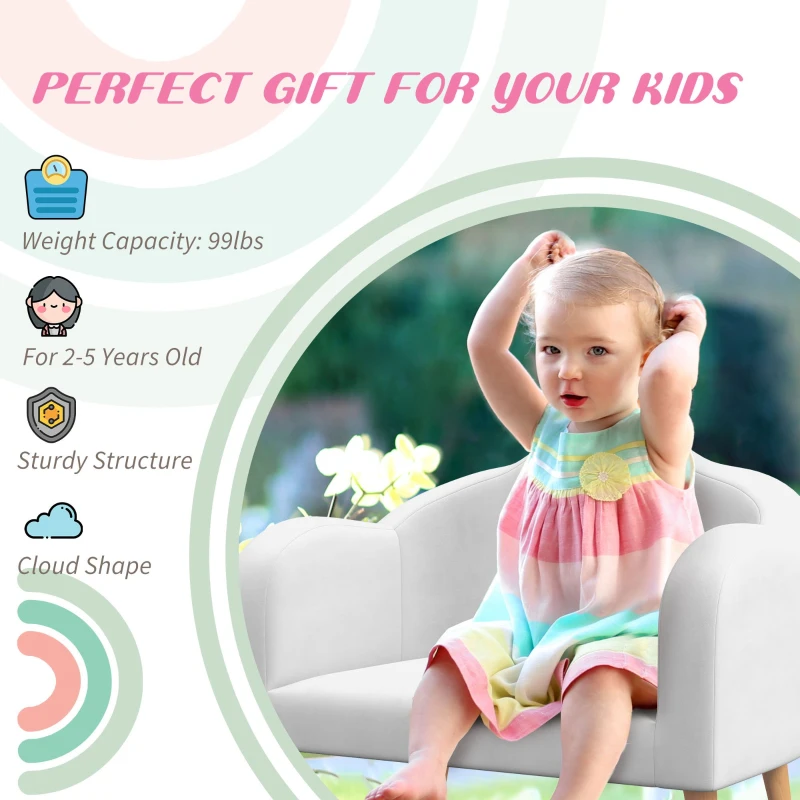 Qaba 2 Seater Kids Sofa with Soft Foam Padded, Anti-Tipping Design, White