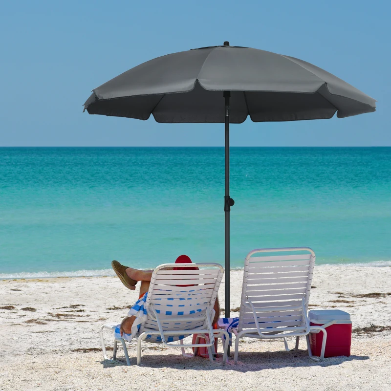 Outsunny 6ft Beach Umbrella, Outdoor Sun Shade Parasol with Push Button Tilt, Ruffled  UV50+ Vented Canopy, Dark Grey