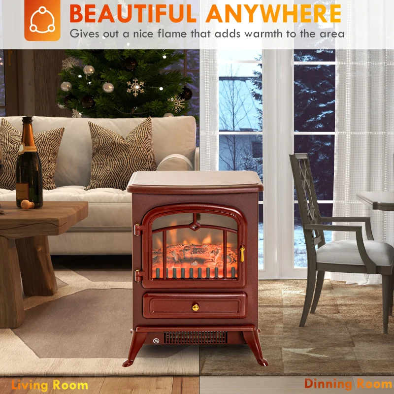 HOMCOM 22" Electric Fireplace Heater, Freestanding Fire Place Stove with Realistic LED Flames and Logs, and Overheating Protection, 725W/1450W, Red