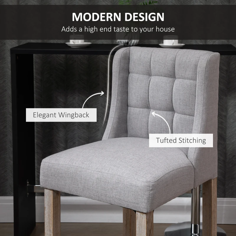 HOMCOM Modern Bar Stools, Tufted Upholstered Barstools, Pub Chairs with Back, Rubber Wood Legs for Kitchen, Dinning Room, Set of 2, Grey