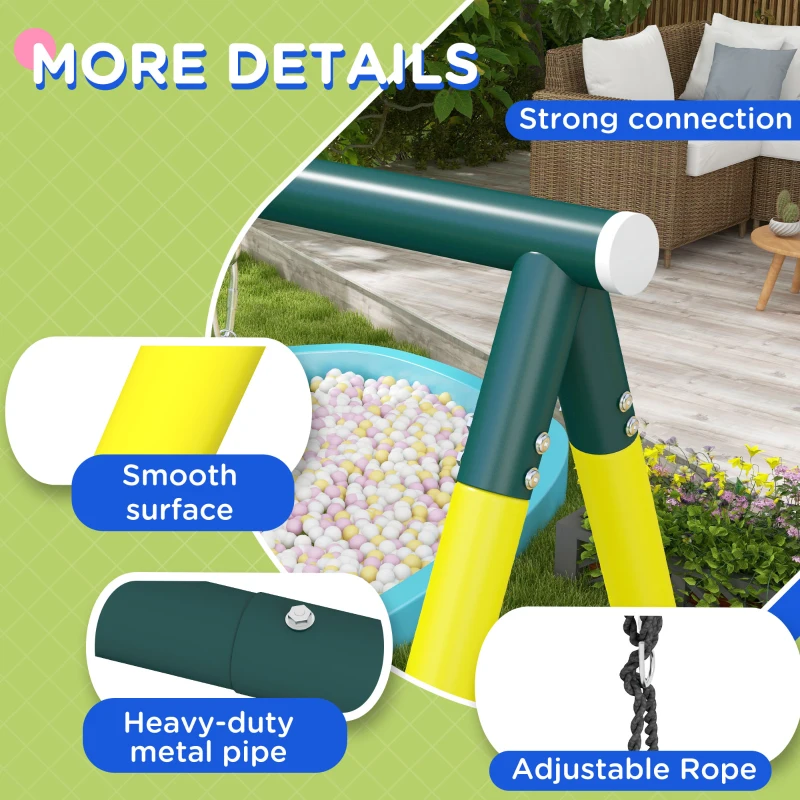 Outsunny 4 in 1 Swing Set for Kids with Saucer Swing, Seat, Climbing Ladder/Net, Basketball Hoop for 3-8 Years Old, Yellow