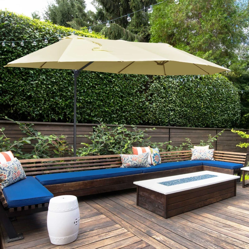 Outsunny 14ft Patio Umbrella Double-Sided Outdoor Market Extra Large Umbrella with Crank, Cross Base for Deck, Lawn, Backyard and Pool, Off-White