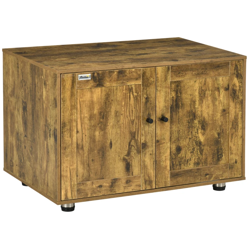 PawHut Hidden Cat Litter Box Enclosure, Cat Washroom Storage Bench Side End Table with Double Doors, Adjustable Feet, Rustic Brown