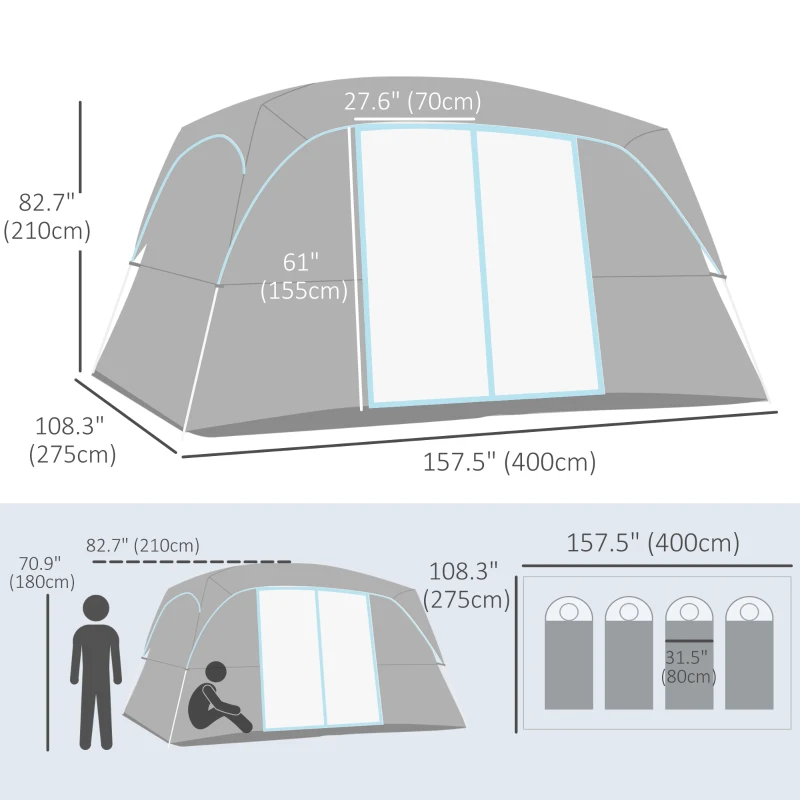 Outsunny 4-8 Person Family Tent, Camping Tent with 2 Room Mesh Windows, Easy Set Up for Outdoor, Grey
