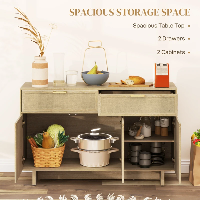 HOMCOM Boho Kitchen Sideboard Buffet Cabinet with Hinge Doors, Drawers and Adjustable Shelf for Living Room, Natural Wood