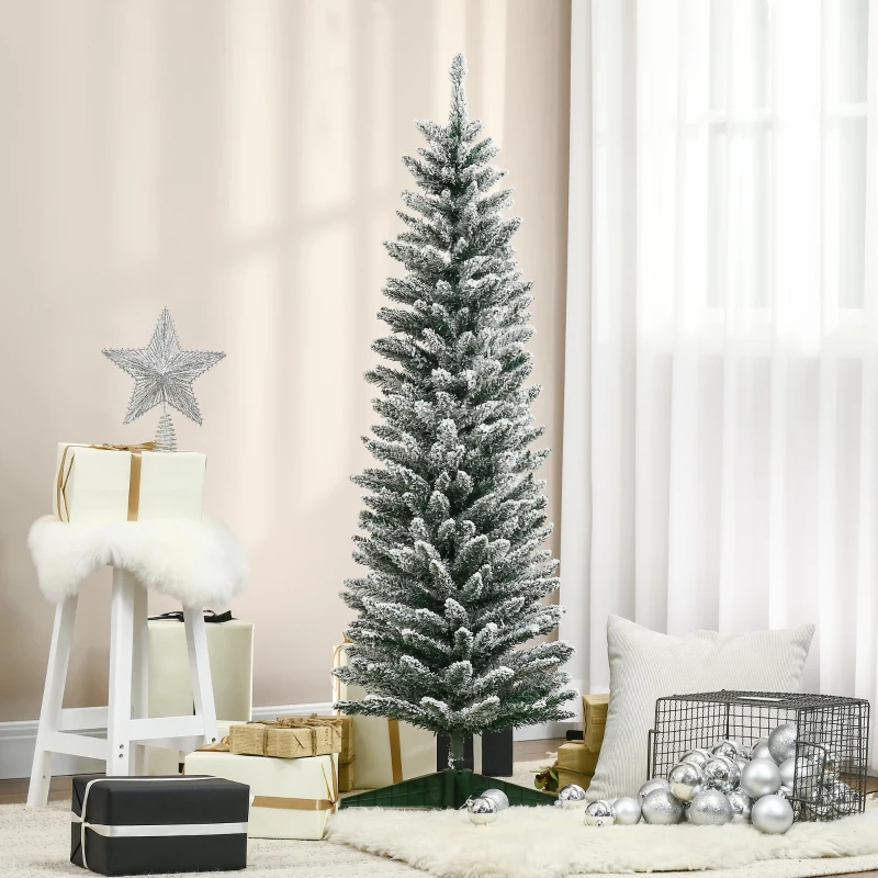 HOMCOM 5' Snow Flocked Artificial Pencil Christmas Tree, Slim Xmas Tree with Realistic Branches and Plastic Base Stand for Indoor Decoration, Green