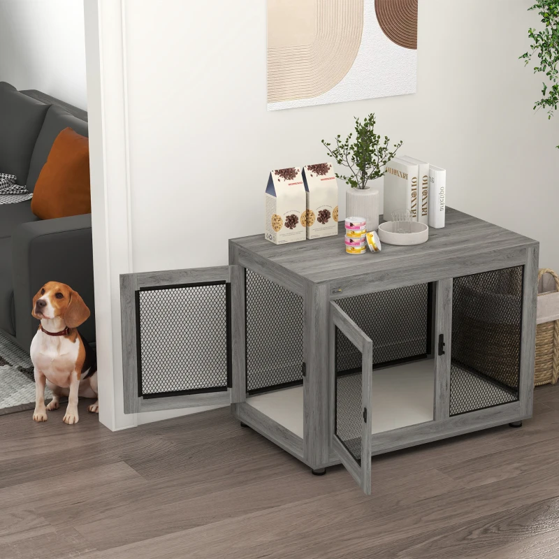 PawHut Pet Crate End Table with Water-resistant Cushion or Large Medium Dogs, Grey