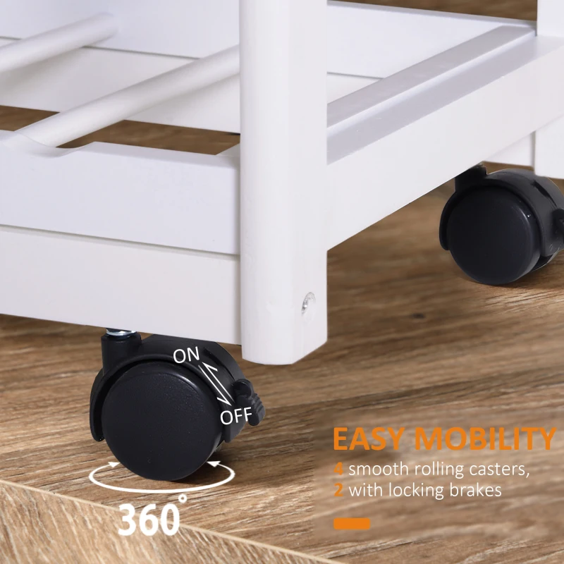 HOMCOM Rolling Kitchen Island Trolley Serving Cart Wheeled Storage Cabinet w/ Basket Shelves and Drawers White