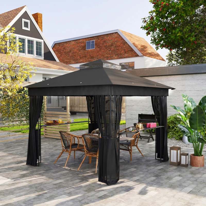 Outsunny 10' x 10' Outdoor Gazebo with Shelves and Netting, UV30+ Double Roof Patio Gazebo for Lawn, Backyard and Deck