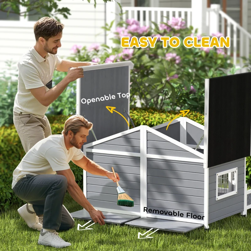 PawHut 59"x64"x39" Wood Dog House Outdoor Cabin-Style Elevated Pet Shelter with Porch Deck, Grey