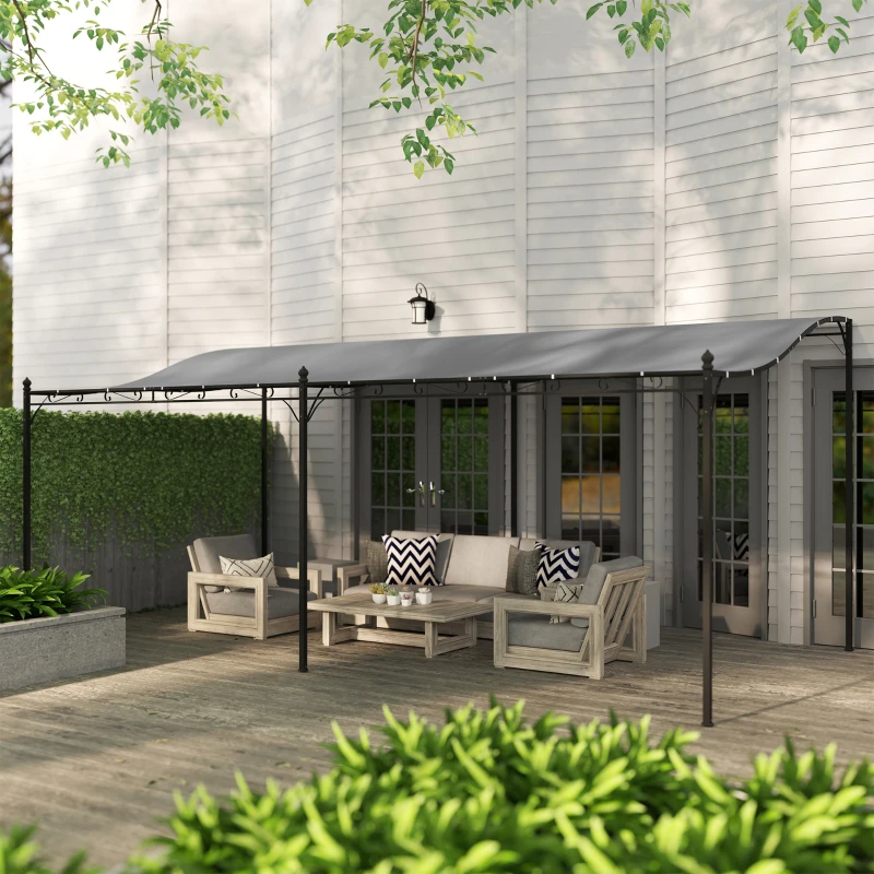 Outsunny 10' x 20' Wall-Mounted Outdoor Pergola Canopy, Metal Patio Canopy with Drainage Holes for Backyard, Garden, Dark Gray