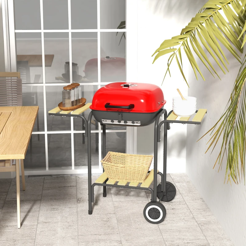 Outsunny Charcoal BBQ Grill Rolling Barbecue Trolley Smoker with Wheels, 2 Side Shelves and a Bottom Shelf, Black and Red