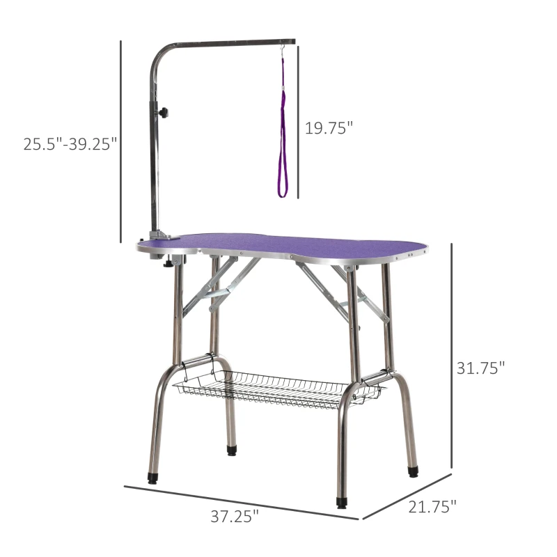 PawHut 37" Foldable Pet Grooming Table Dog Drying Table with Adjustable Arm Non-Slip Rubber Tabletop Aluminium Alloy Edge Stainless Steel Bar Hanging Leash Purple