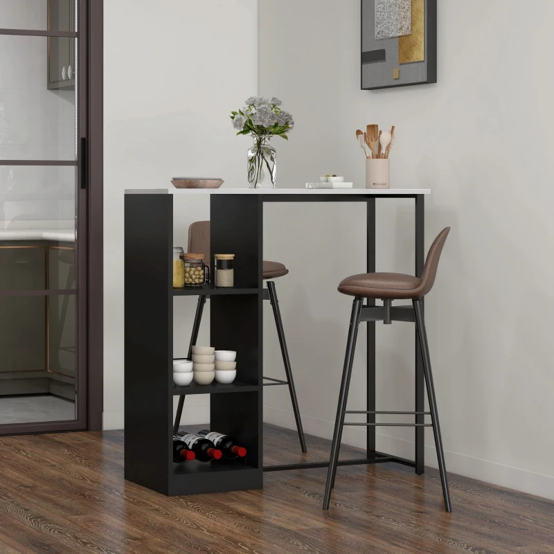 HOMCOM Bar Table with Wine Rack, High Pub Table with 3 Storage Shelves and Faux Marble Top, Bar Height Table for Kitchen, White